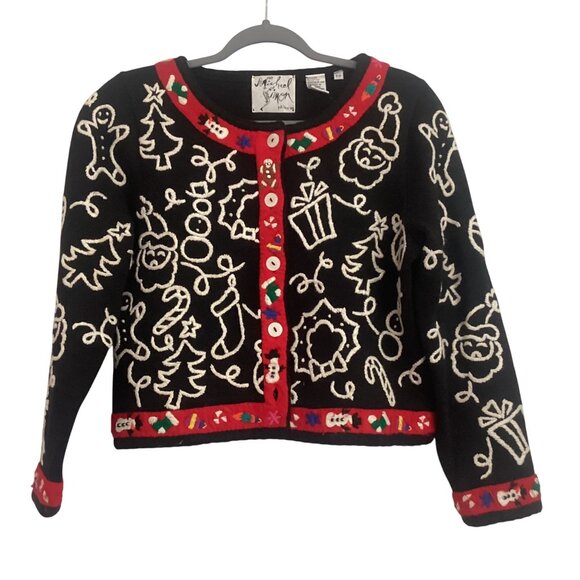 Vintage 90s Michael Simon Petite Size P Christmas Cardigan Sweater With Embroide - Picture 1 of 14